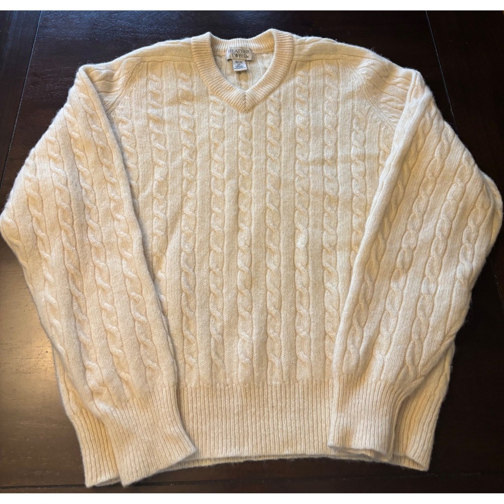 Vintage‎ Heather & Tweed XXL Ivory Cable Knit V-Neck 100% Shetland Wool Sweater
